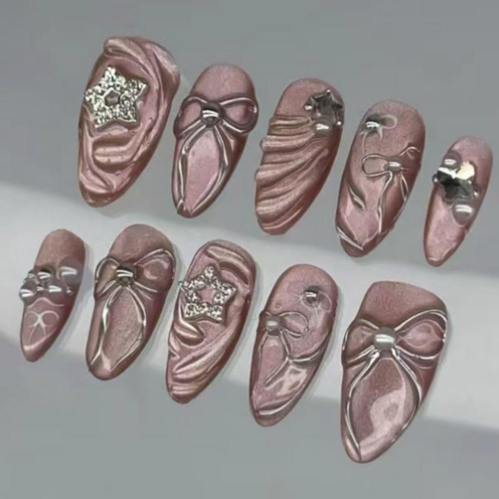 24pcs Manicure Long Almond False Nails Gilded Flower Pearl French Fake Nials Detachable Star Bow Press on Nails Women