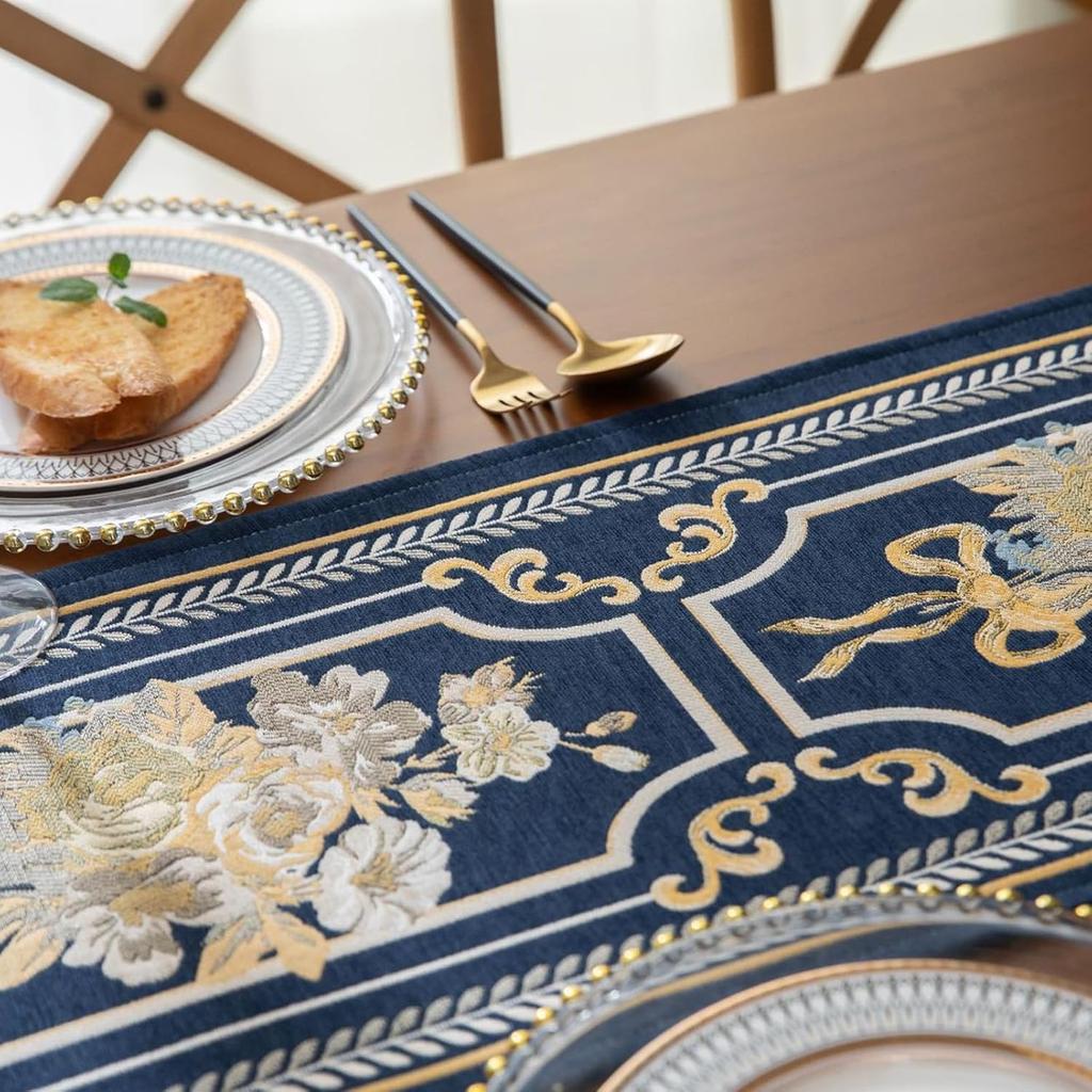 Embroidery Luxury Table Runner, Long Blue Dining Table Runner, Elegant Jacquard Dresser Scarf with Multi-Tassels for Dining Room Party Banquet Table