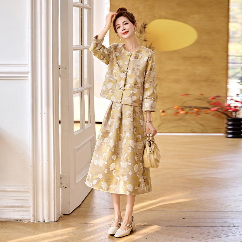 2025 Spring Chic Jacquard Frog Button Coat & Midi Skirt Set