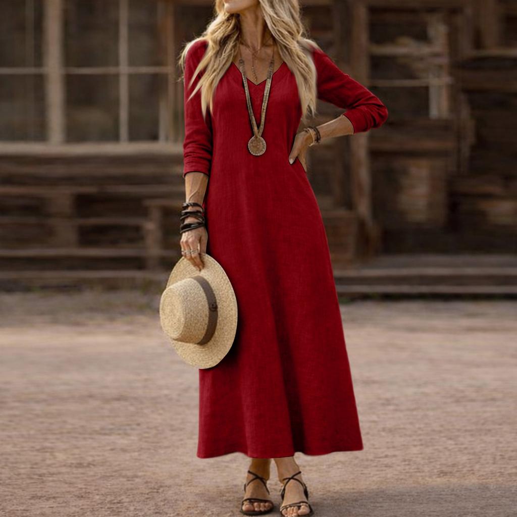 Dress For Women Long Boho Beach Dress Elegant Maxi Dress V-Neck Long Sleeve Dress