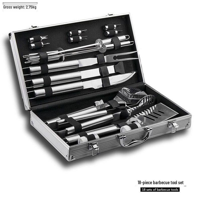 Meigo Stainless Steel BBQ Tool Set, 32 Pieces, with Portable Cloth and Aluminum Case Options, New.