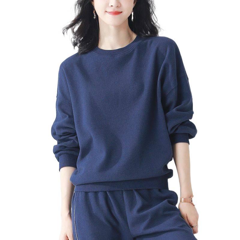 Women's Grey Waffle Textured Hoodie Set - Korean Style, Loose Fit, Spring/Autumn Two-Piece Casual Wear.