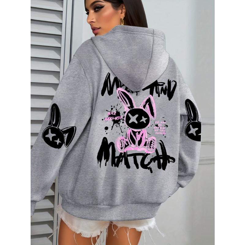 Mix And Match Cartoon Rabbit Prints Women Hoodie Pocket Streetwear Loose Hoody All-Match Fleece Female Clothing