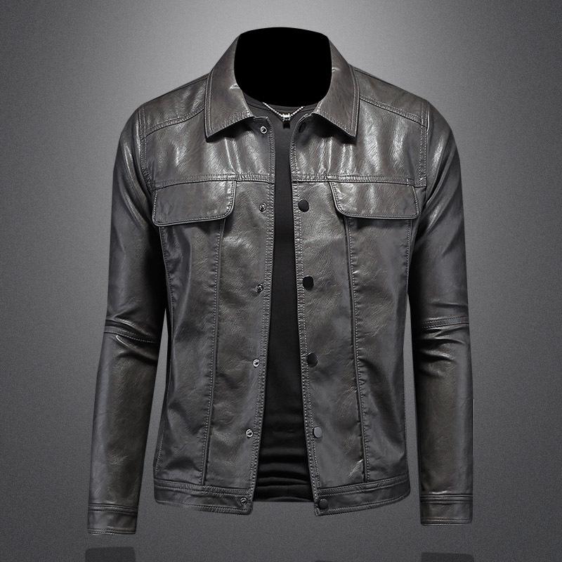 2023 Men's Slim Fit Biker Leather Jacket with Turn-Down Collar