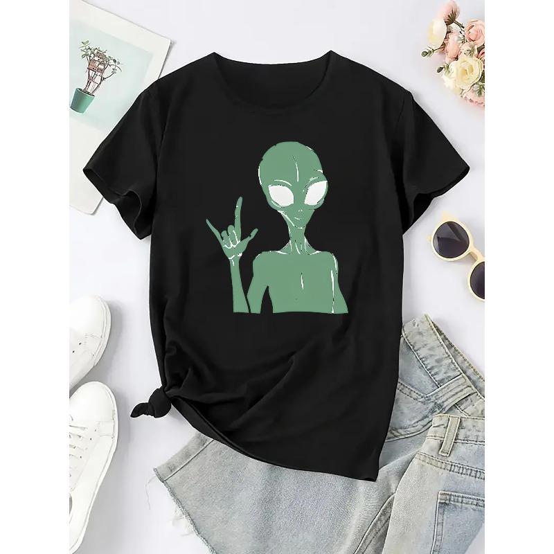 European Sizes Creative Cartoon Alien Pattern Printed Women'S Trendy Short-Sleeve T-Shirt, Simple Casual Sports Tee, Comfortable Summer Top