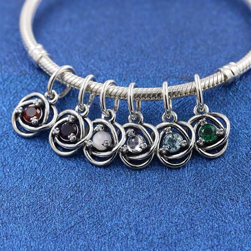 Silver S925 Twelve Month Birthstone Heart Eternity Charms Beads Pendant Fit Original Bracelet for Women DIY Fine Jewelry