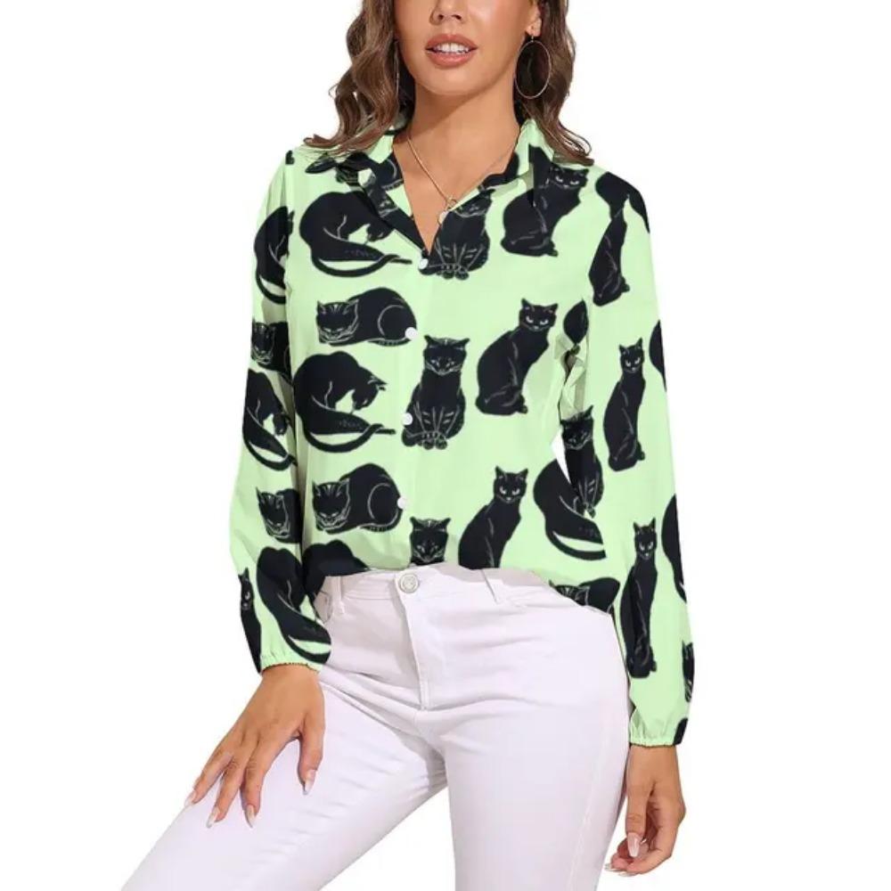 Black Cat Blouse For Women Cute Classic Cat Print Loose Blouses Long Sleeve Kawaii Shirts Spring Casual Clothing Big Size Blouse