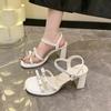French silver thick-heeled sandals women's spring and summer 2025 new outer wear bow open-toed love rhinestone sandals