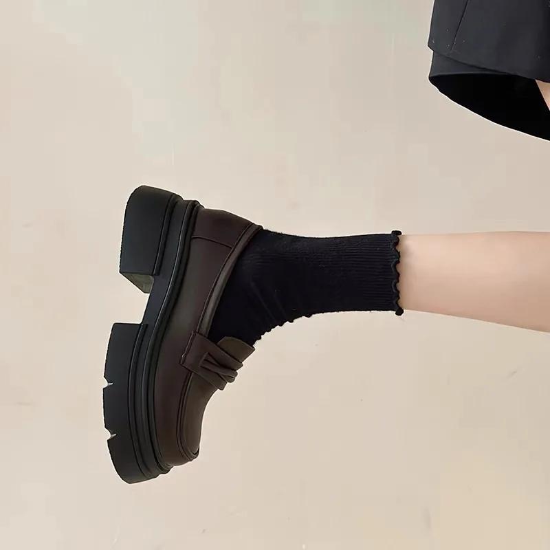 New Pumps Women Slip On Hoof High Heels Round Toe Oxford Shoes for Women Solid Leather Platform Shoes Woman