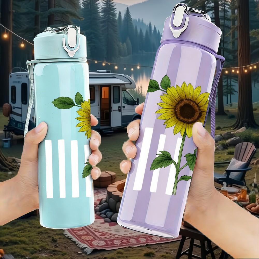1PC Sunflower Single Stem Floral Print 750ml Color Plastic Sports Water Bottle Leakproof Flip Straw Lid Suitable for Sports Office Home Use