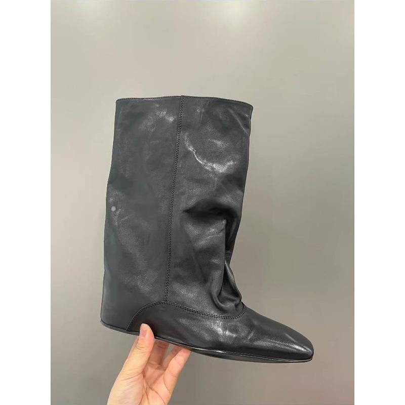 Cowhide~ Autumn and winter new inner height increase 5cm boots square head loose sleeve medium boots women's short boots fashion knight boots