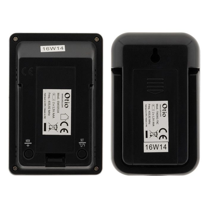 Thermomètre sans fil noir otio 936066 - affichage heure et température - intérieur/extérieur