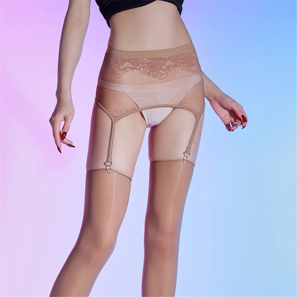 Sexy Women Lace Elastic Maid Stocking Oil Shiny Glossy Vintage Above Knee Stocking Belt Garters Stockings Fashion Dance Tights