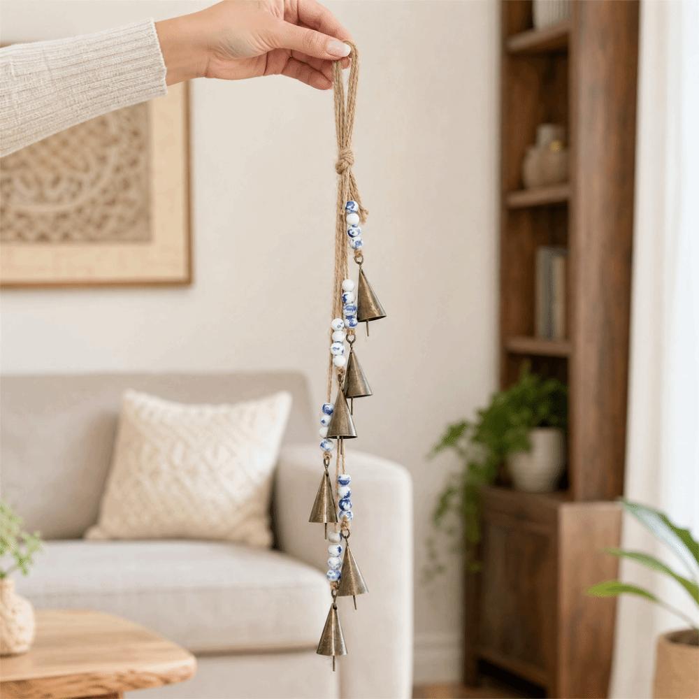 16.93in Rustic Metal Cowbell Built-in Metal Clapper Vintage Gold Wind Chime Home Wall Hanging