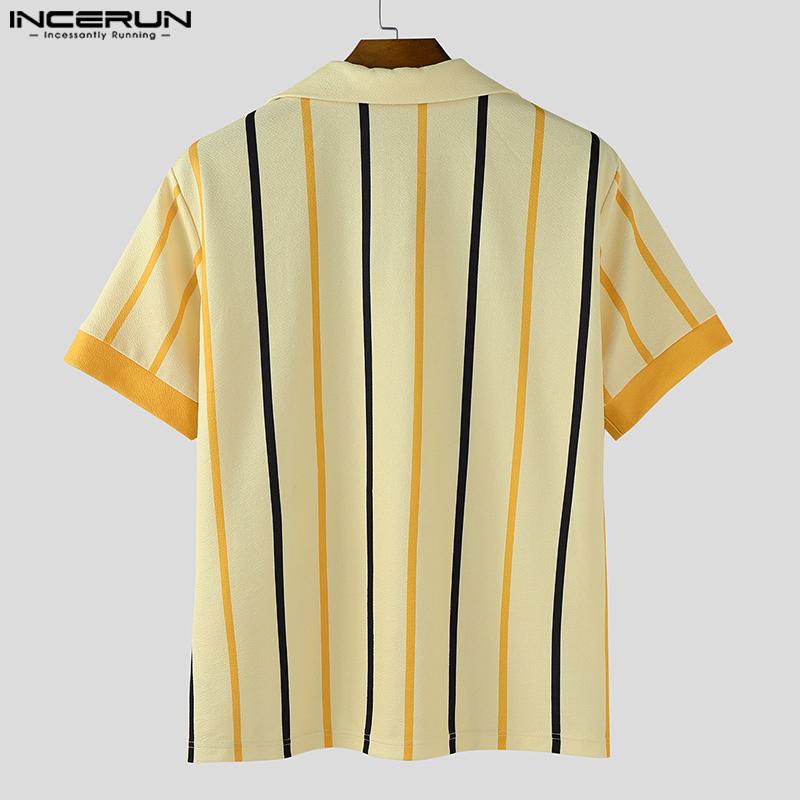 INCERUN Oversized Men Short Sleeve Striped Print Buttons Casual Loose Shirts Tops