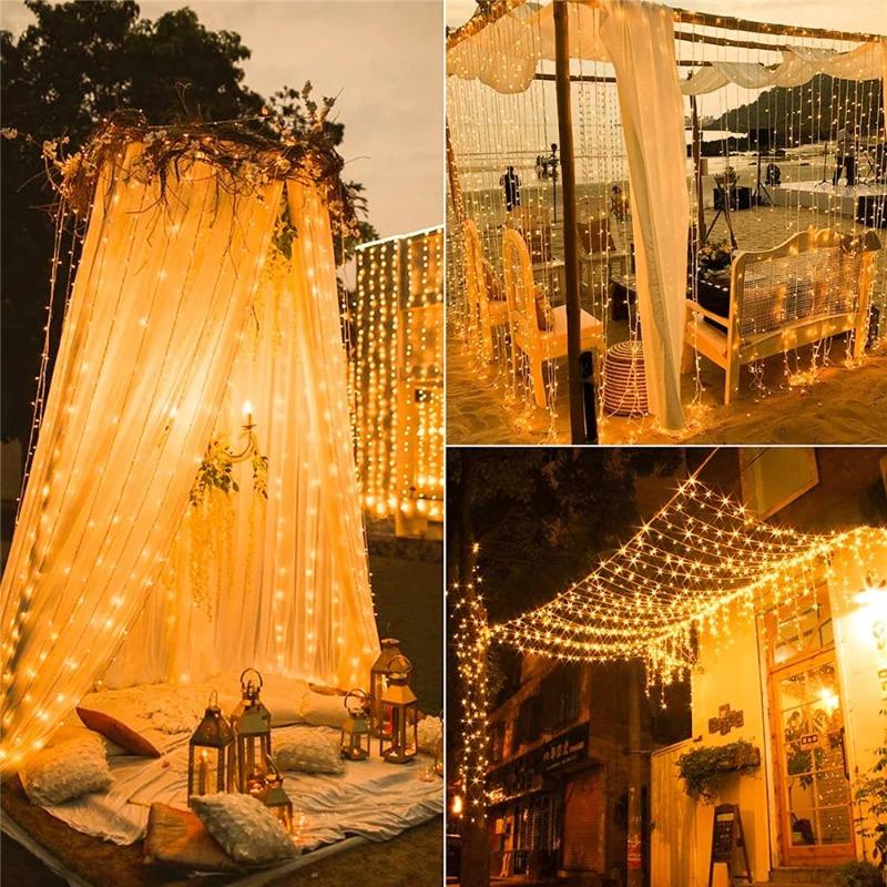 100/200/300 LED Solar Courtyard Curtain Lights Outdoor Waterproof Fairy String Lights With 8 Modes for Garden Window Bedroom Wedding