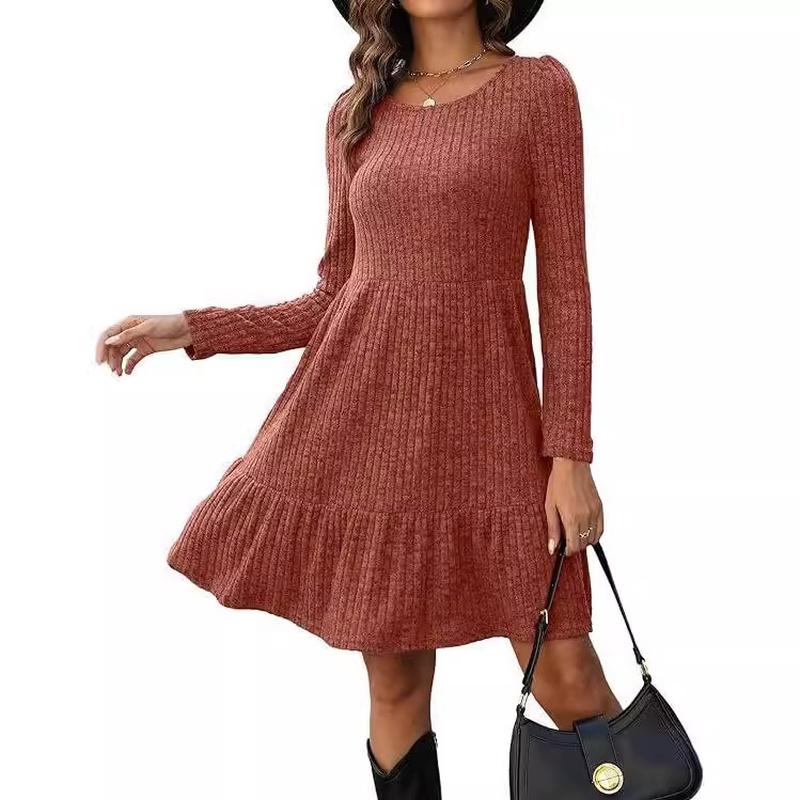 Women's Long Sleeve Ruffle Hem Midi Dress Textured Loose Casual Autumn Vintage Dress