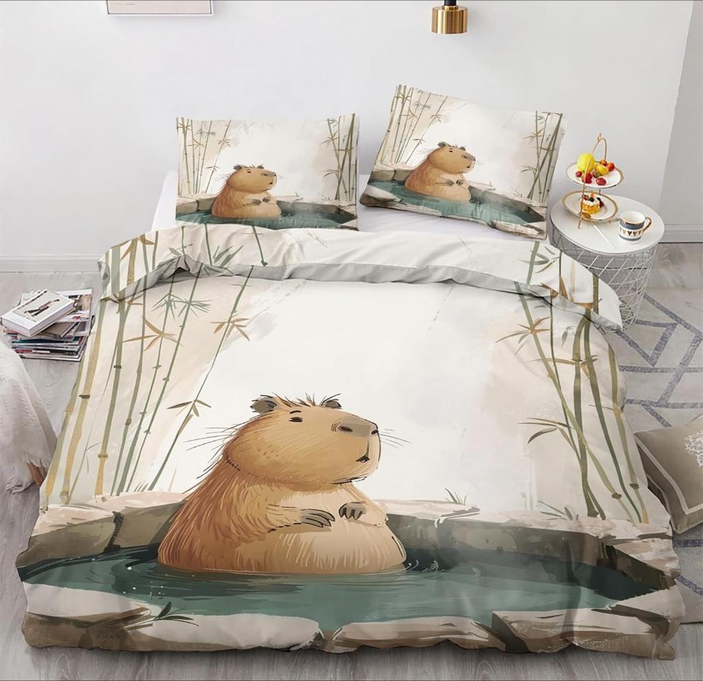 Cartoon Animal Capybara Motif Bed Linen,Microfibre Bedding Sets, Children's Bed Linen with Zip Room Decor  Duvet Cover