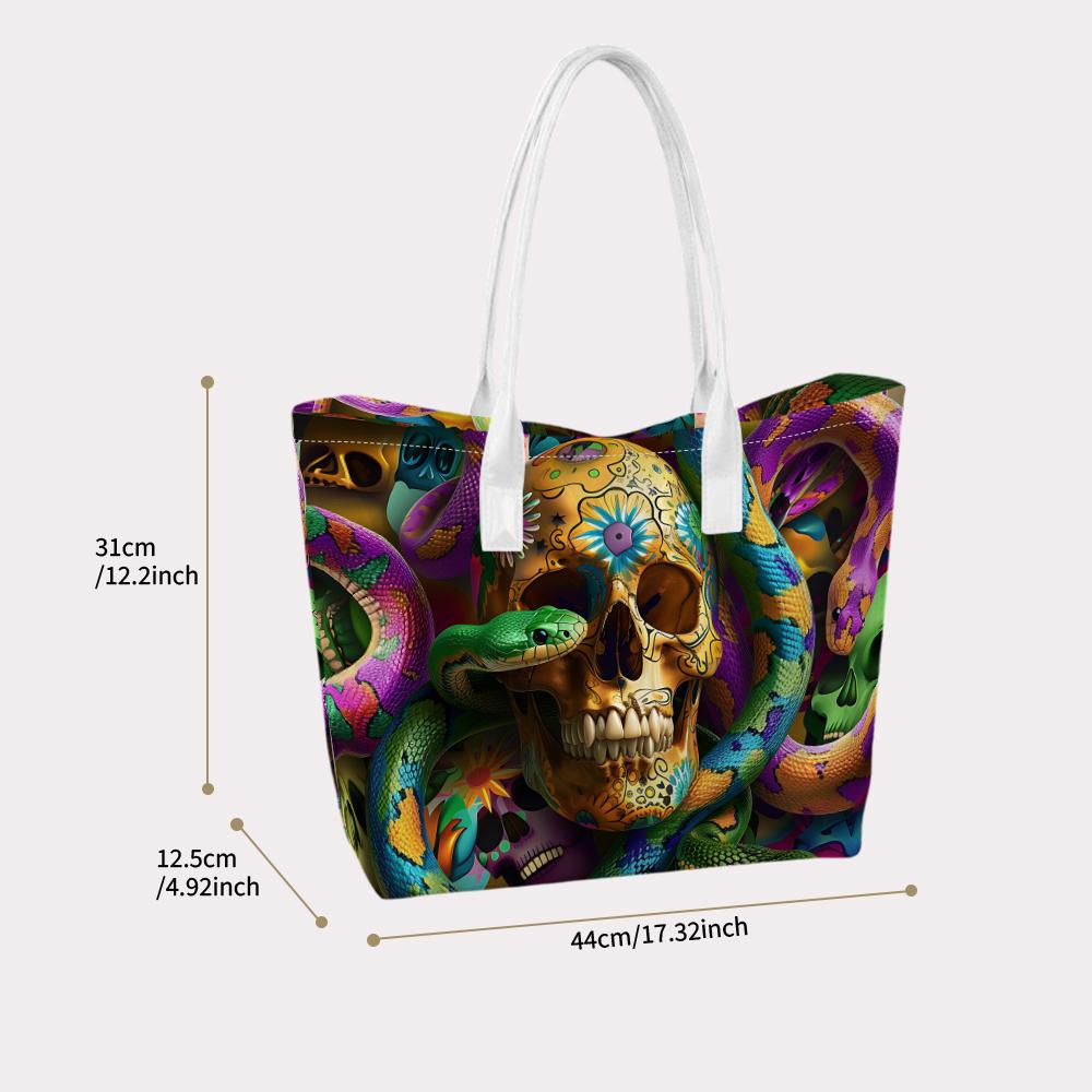 Colorful Skull Snake Print Tote Bag Fashion Casual Large Capacity Daily Carry Handbag