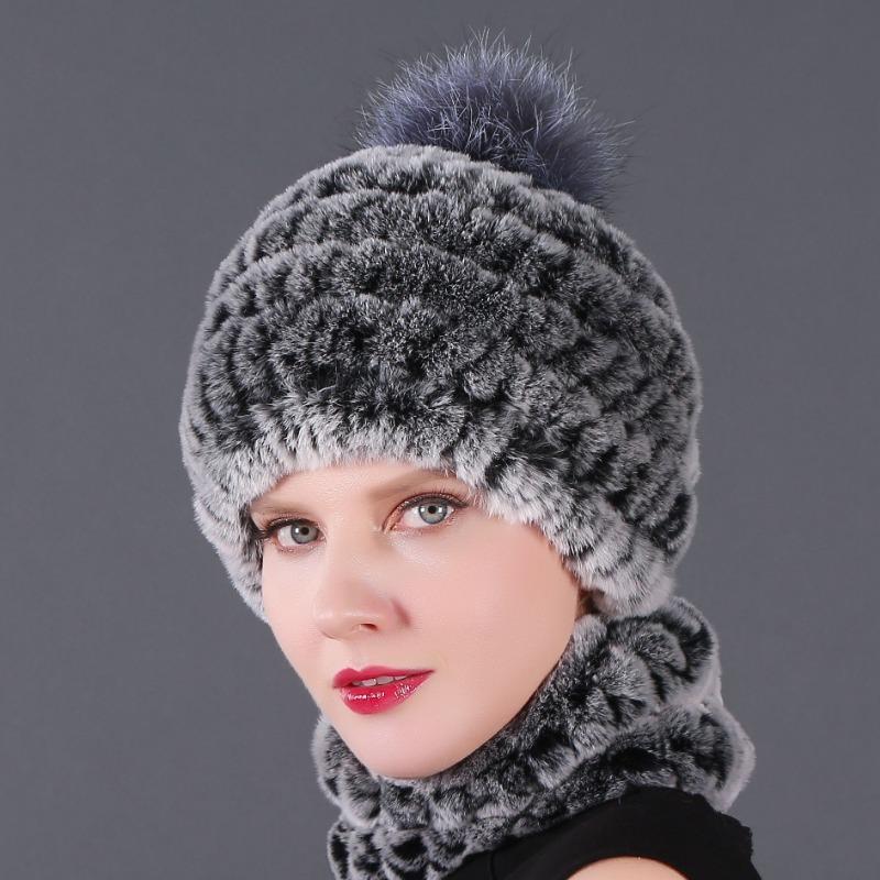 New hat scarf winter thickened thermal hat Rex rabbit fur grass Rex rabbit fur scarf two-piece set
