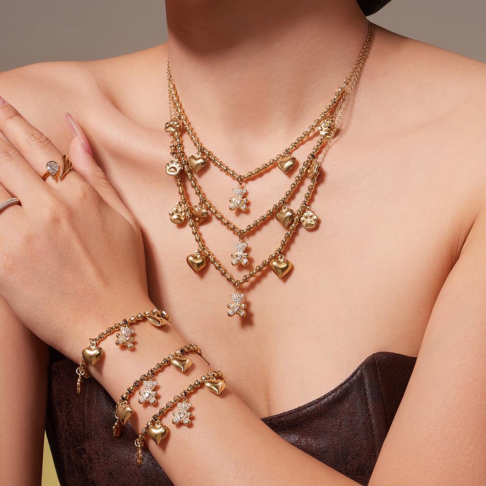 Qiong Yao Full Diamond Bear Pendant & Bamboo Joint Earring Bracelet Necklace Set - Non-fading.