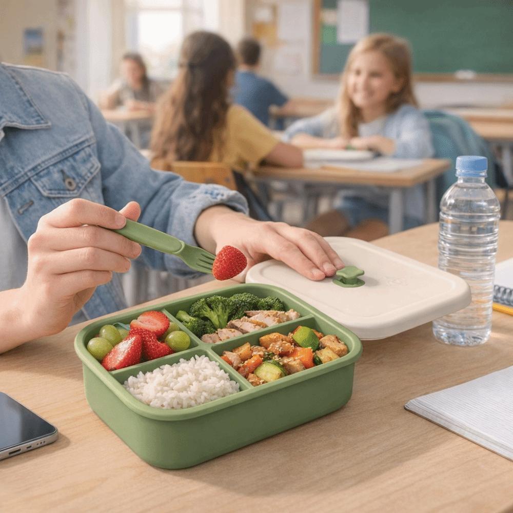 Auslaufsichere Silikon-Lunchbox 4 Fächer Lebensmittelaufbewahrungsbehälter Mittagszeit