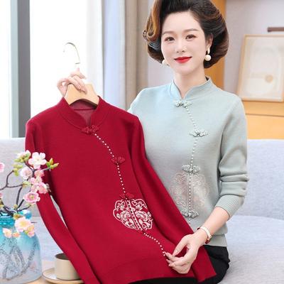 Chinese Style Autumn Knit Sweater for Women Elegant Mom Fashion Warm Fall Top