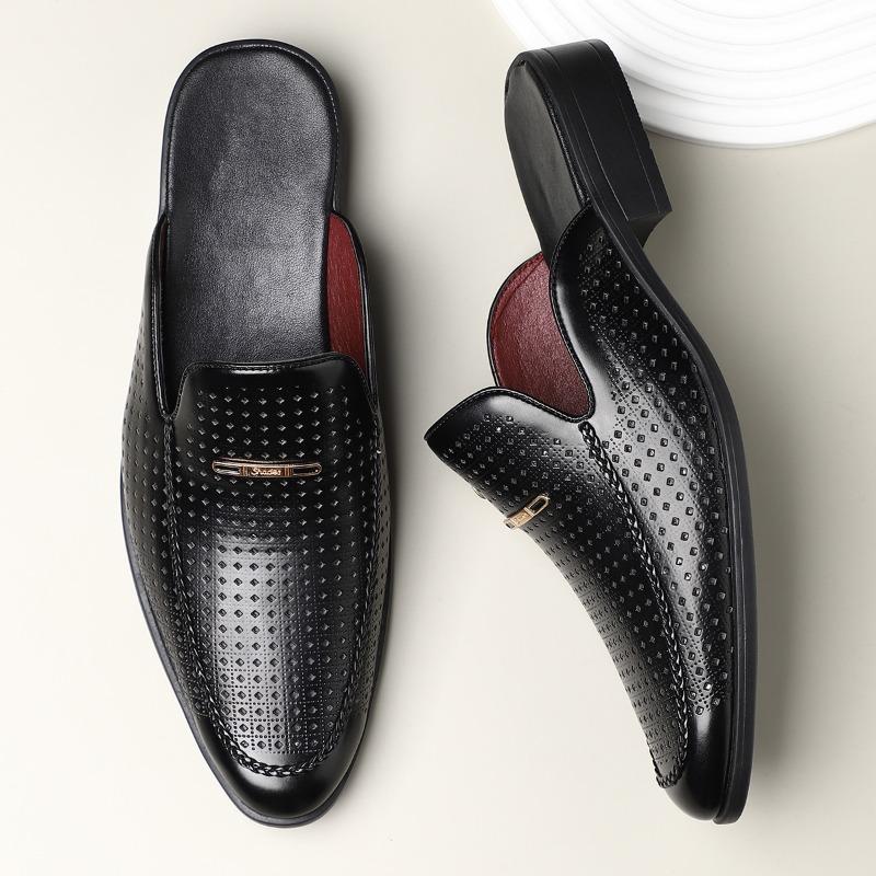 Fashion Men's Baotou Half Slippers Summer Hollow Out Breathable Casual Sandal Patent Leather Mules Slippers for Men Business Half Slides