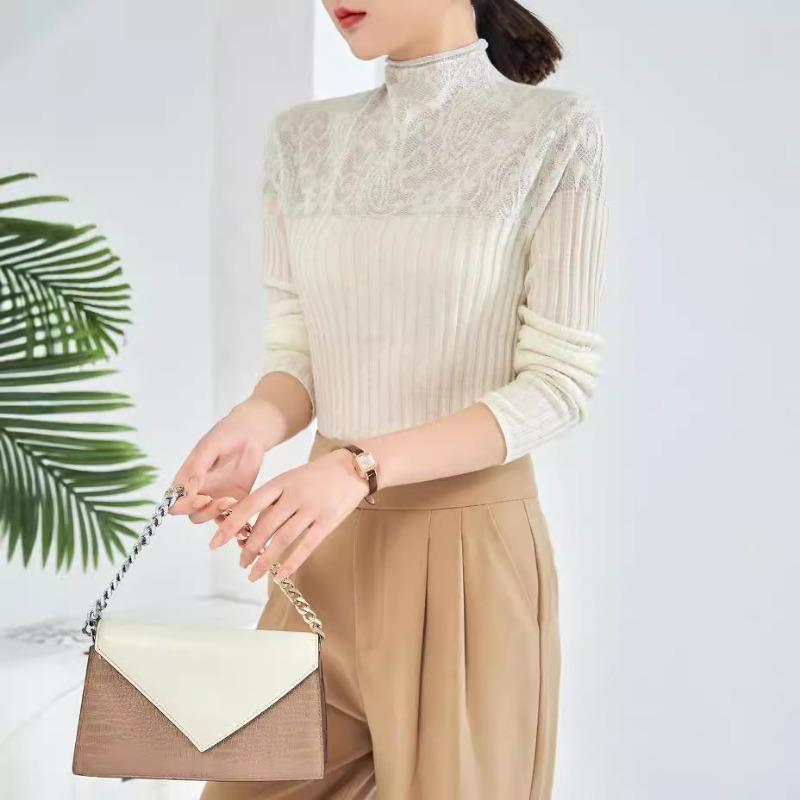 Design Sense Lace Splicing Bottom Knitted Sweater Women's Autumn New Curled Semi-turtleneck Silk Sweater Women's