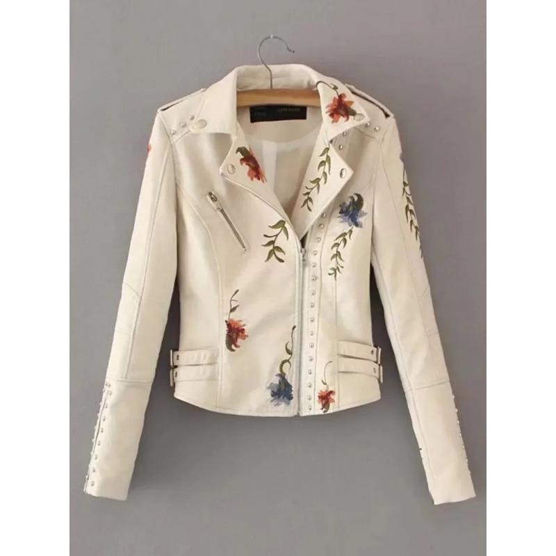 PU Leather Embroidered Rivet Coat Moto & Biker Streetwear Zipper Overcoat Women's Jackets Spring Clothes