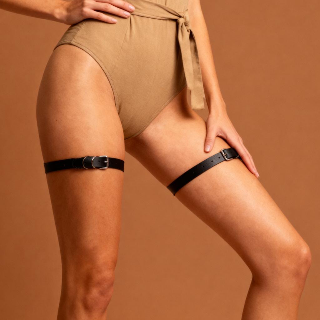 Trendy Thigh Garter Set - Black Leather Leg Bands with Adjustable Buckles & Metal Ring Detail
