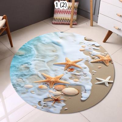 2D Realistic Beach Seashell Round Carpet Coastal Ocean Style Decorative Rug Living Room Bedroom Summer Beach Non Slip Floor Mat