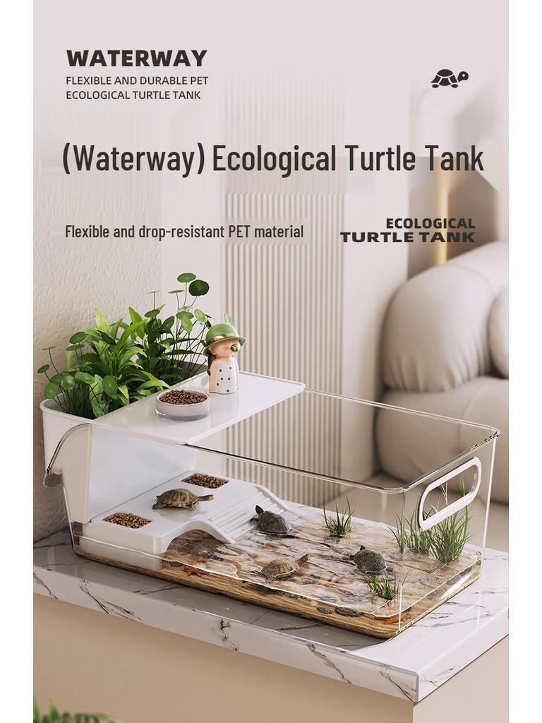 Kompaktowe akwarium hodowlane dla żółwi do domu i biura z ekologicznym krajobrazem i miejscem do wygrzewania się