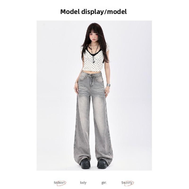 American Retro Style Smoky Gray High-end Wide-leg Jeans for Women, 2026 New Model, Drapey, Loose, Straight-leg, Floor-length Pants