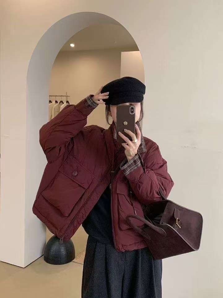 

Модное пуховое пальто с воротником-стойкой, женское, 2025, зима, новое, свободное, маленькое, повседневное, утолщенное пальто M бордовый