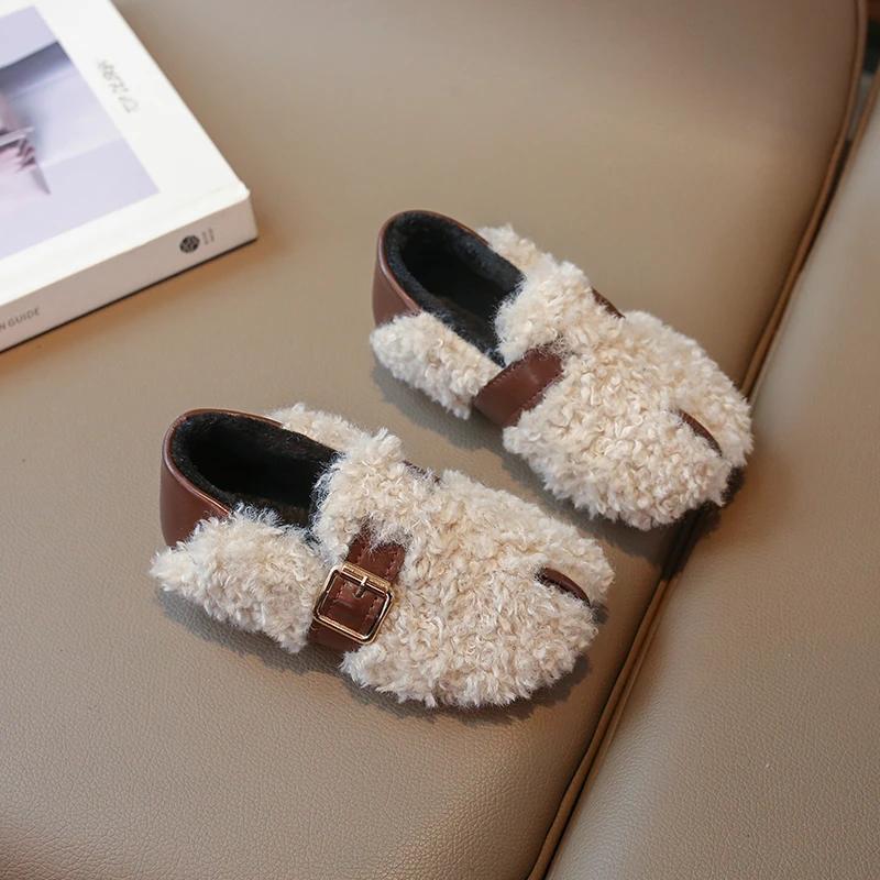 Kids' Winter Shoes 2024 New Girls Cotton Shoes Flat Loafers Versatile Simple Warm Children's Shoes Fashion Soft Bottom Non-slip