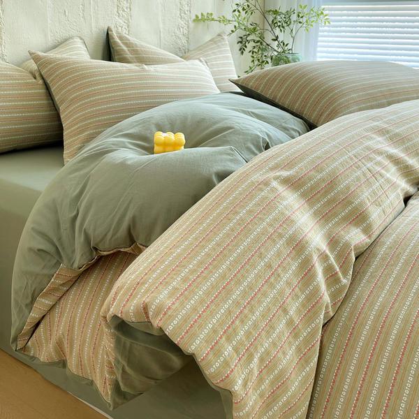 G5Z Cotton Yarn-Dyed Stripe Duvet Cover Set - 4 Pieces, All-Season Bedding for Dorms