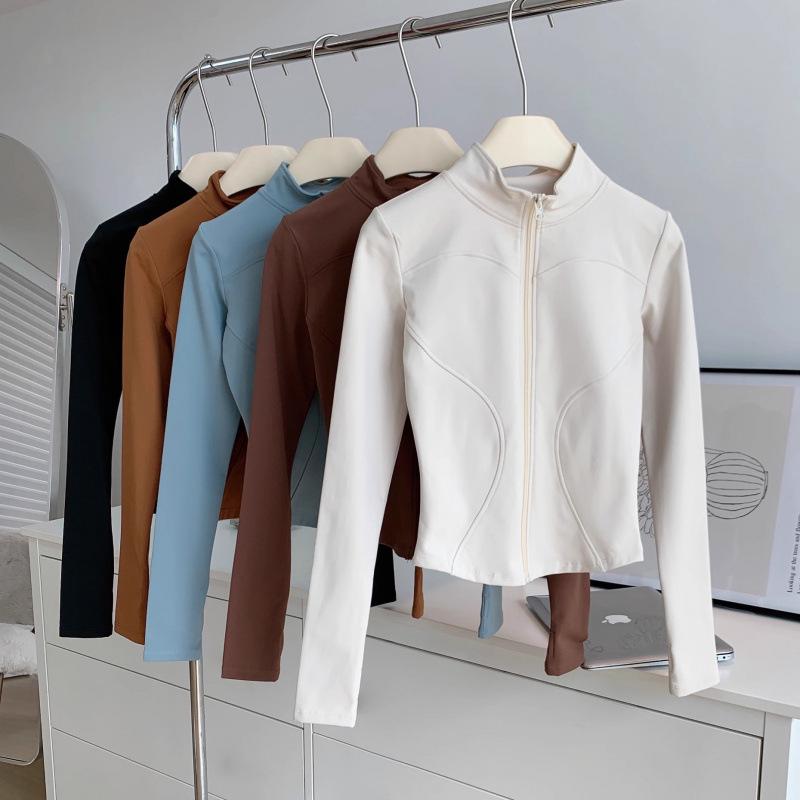 Women's Breathable Slim-Fit Sports Jacket: Autumn/Winter Yoga & Cycling Wear, Long Sleeve, Stand Collar, Plus Velvet.