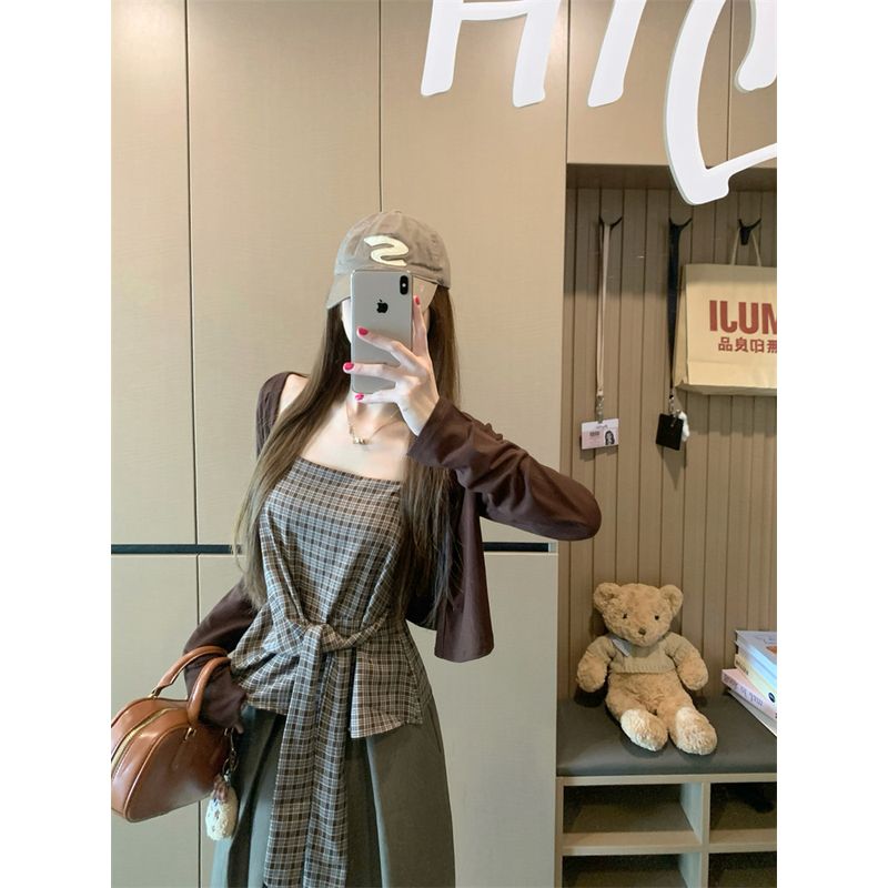 

Kumikumi Fashion Suit Pure Color Temperament Long Sleeve Cardigan Female Autumn Strap Plaid Camisole Two-piece Set Curry Two-piece set One size