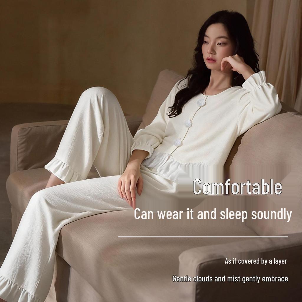 White Rose French Sweet Ice Silk Women's Pajama Set, Spring/Autumn, Long Sleeve, Indoor/Outdoor Wear