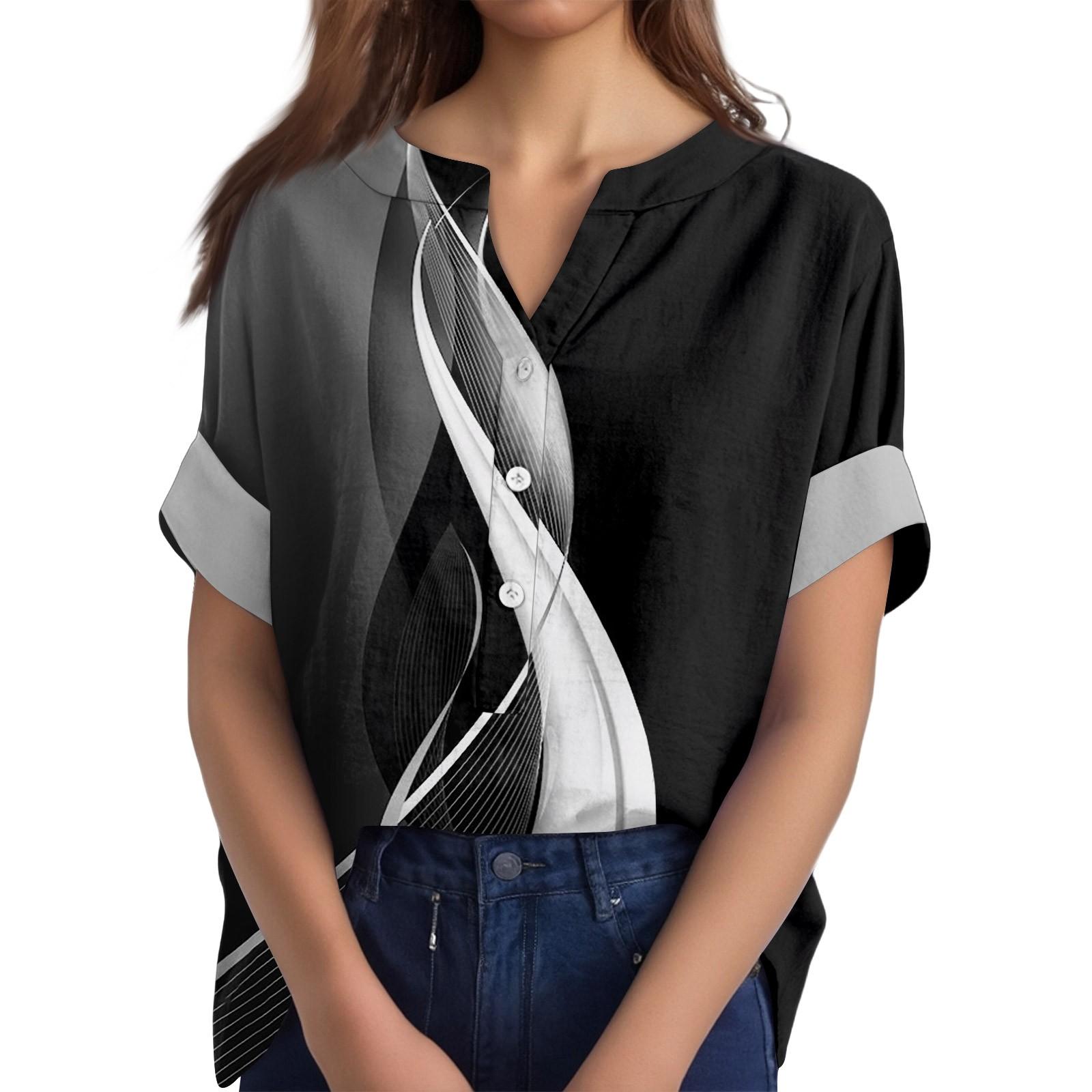 

Женская хлопково-льняная футболка с круглым вырезом, коротким рукавом и пуговицами, футболка с принтом XL чёрный