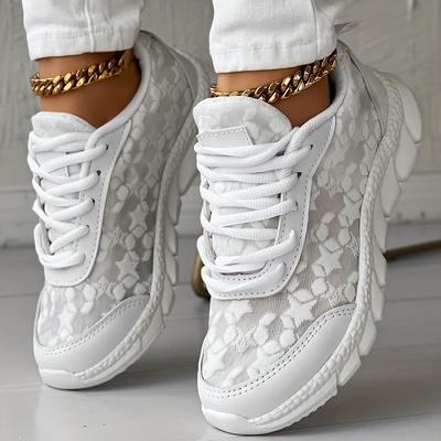 Sneakers da donna in pizzo tinta unita, scarpe da passeggio con suola morbida in rete con lacci e plateau, calzature basse traspiranti per tutti i giorni