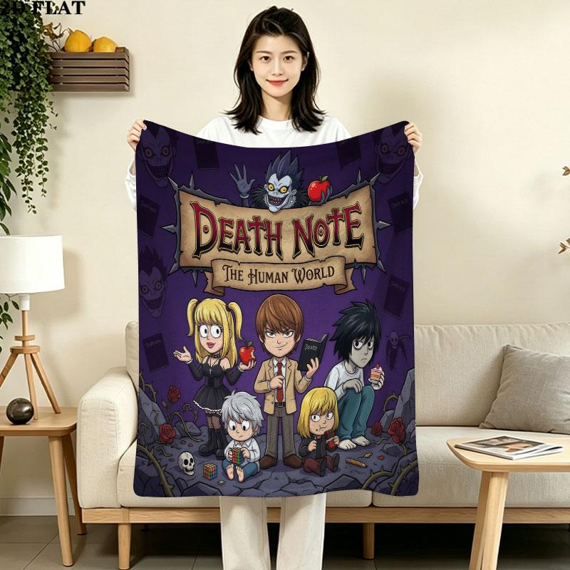 שמיכת פלנל עם הדפס Death Note, 1 יחידה, מתאימה לכל העונות, לקישוט הבית, לחום ונוחות, מתנות, מתנת חג
