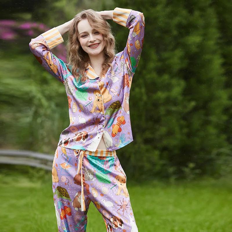 New Pajamas Women's Home Wear Lapel Long-sleeved Trousers Spring and Autumn Satin Ice Silk Suit