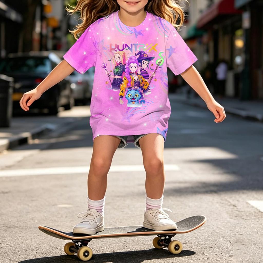 Girls Loose Fit Short Sleeve T Shirt Halloween Inspired Demon Hunter Print Casual Comfortable Top for Kids