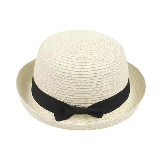 Parent-child Beach Hat Dome Curved Brim UV Protection Hat Handwoven Summer Outdoor Straw Hat with Black Satin Ribbon Bow