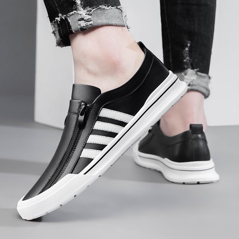 New High End Men Genuine Leather Casual Shoes Fashion Concise Cool Zipper Loafers Man Flat Leather Driving Shoes Male Moccasins