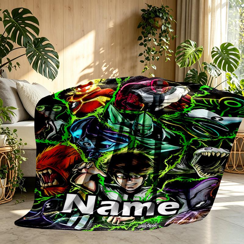 Custom Name Personalized Ben 10 Cartoon Print Blanket, Home Decor, Bedroom, Sofa, Camping, Couch, Gifts for Birthday ChristmasEnthusiasts