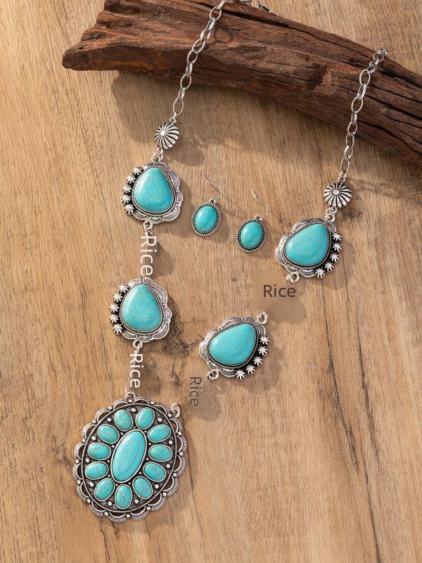 European & American Retro Turquoise Necklace and Earring Set