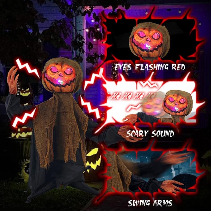 Voice Activated Ghostly Pumpkin Halloween Pumpkin Figure Ornament with Sound Effect For Garden Yard Indoor and Outdoor